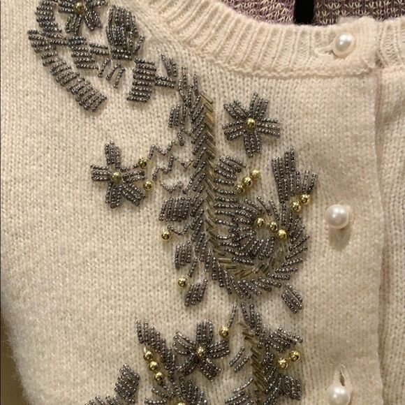Eddie Bauer ivory wool blend beaded cardigan, new - Picture 3 of 6